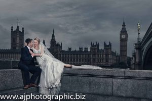 Zara And Daniel Taylor weddin with Houses of parliament in background
